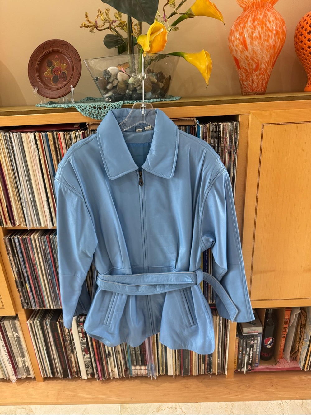 PRICE DROP: TAG removed liquidation,M, lined, CORNFLOWER BLUE LAMBSKIN LEATHER